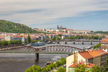 Naklejka premium View of the Vltava River with Prague Castle on background from Vysehrad fortress, Czech Republic, Europe.
