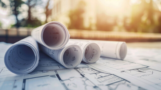 Architectural blueprints neatly rolled up on a warm-lit desk, suggesting the meticulous planning and precision in design processes.