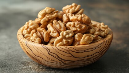 Fototapeta premium Elegantly displayed shelled walnuts in a wooden bowl on a dark stone surface with moody lighting