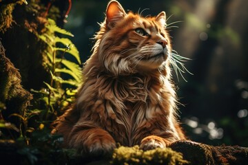 Fototapeta premium Puma Dourado rests on the lush jungle., generative IA