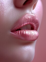Fototapeta premium Closeup of womans pink lips with glossy lipstick