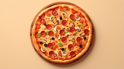 A delicious pepperoni pizza with olives, mushrooms, tomatoes and basil on a wooden cutting board.