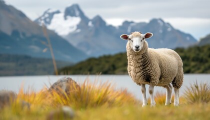 Fototapeta premium Sheep standing in a serene landscape with mountains and a lake in the background, creating a peaceful scene