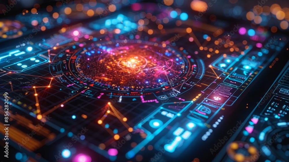Poster a close-up view of a futuristic user interface with glowing lights and data visualizations.