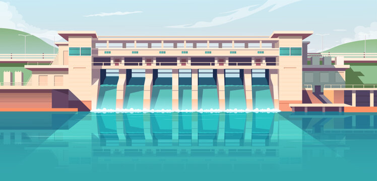 Illustration of a hydroelectric dam with water flowing, surrounded by hills under a blue sky. Vector illustration