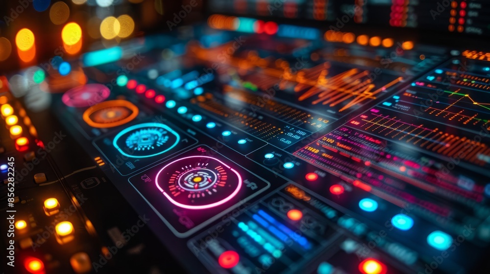 Poster a close-up shot of a digital audio mixer with colorful, illuminated buttons and a vibrant display.