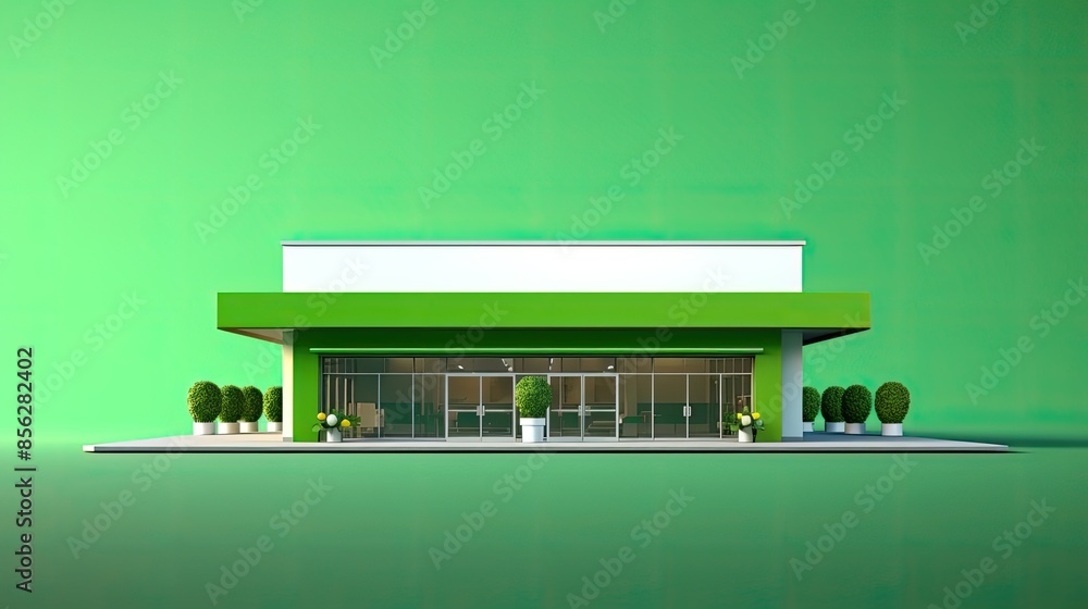 Poster 3d rendering of a modern green and white store. the store has a large glass front with a double door