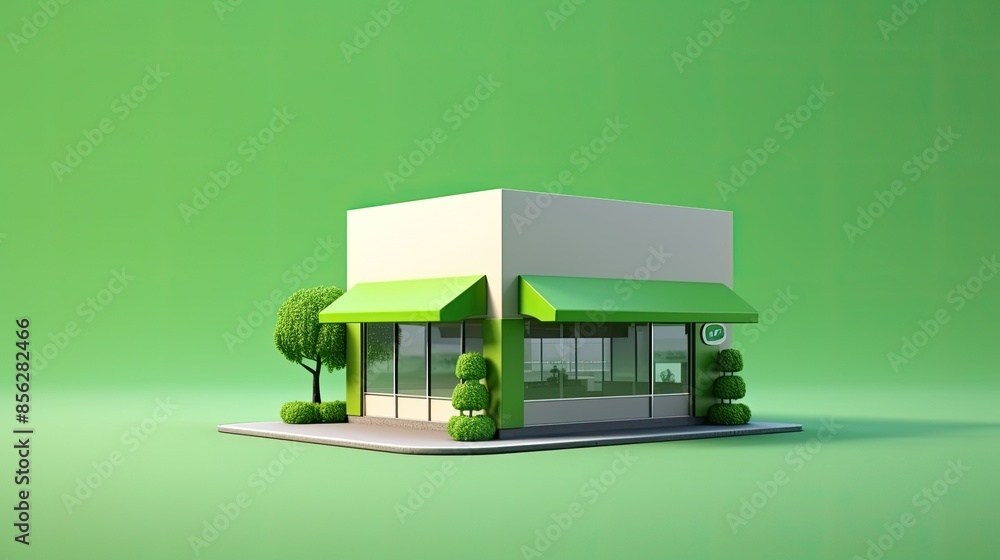 Poster 3d rendering of a small business with a green awning. the shop has a large window on the front and a