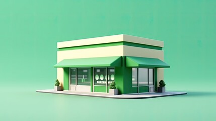3D rendering of a small business. The exterior of the building is green and white, with a green awning over the front door.
