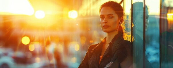 Obraz premium Woman bodyguard with security earpiece in streets of city, security concept banner. Generative AI.