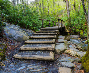 Wooden Bridge Crossing Alum Cave Creek on The Alum Cave Trail, Great Smoky Mountains National Park, Tennessee, USA