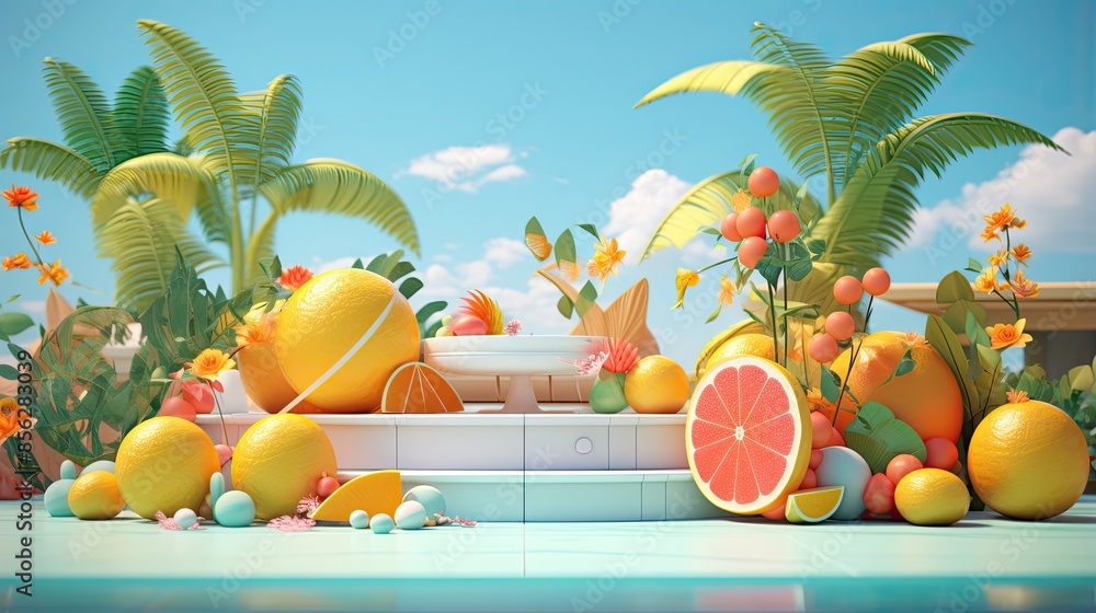 Poster 3d rendering of a summer still life with a variety of citrus fruits. the fruits are arranged on a wh