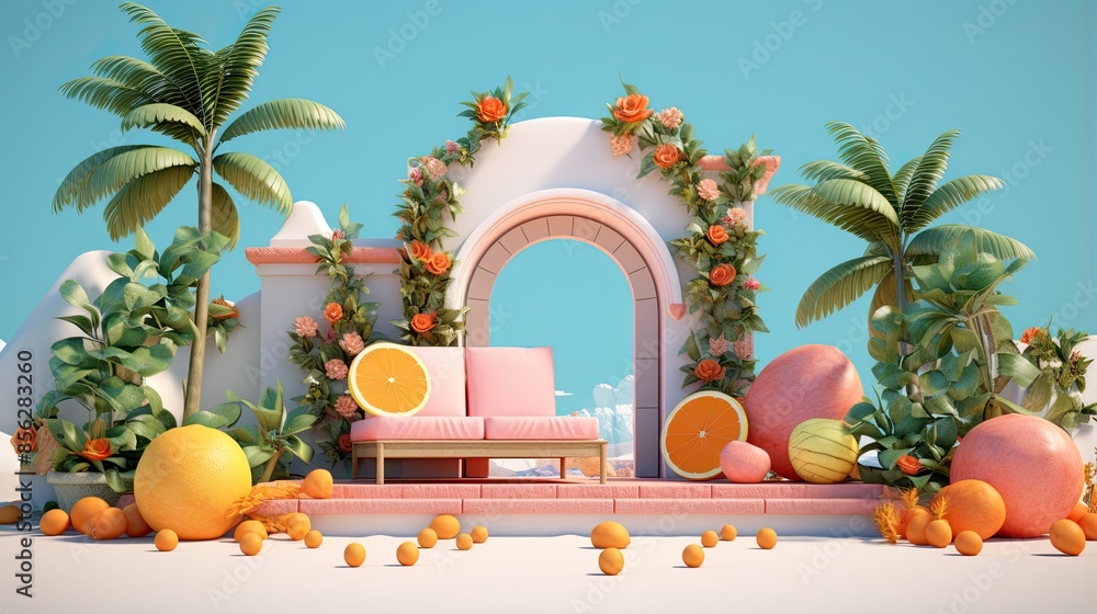 Aufkleber this is a 3d rendering of a beautiful scene. the image features a pink sofa sitting in front of an a