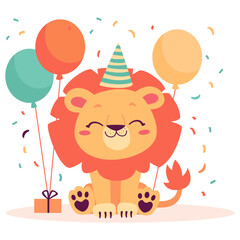 Cute lion cub celebrates his birthday, presents balloons and a birthday cap. Flat vector illustration on white background . Vector illustration