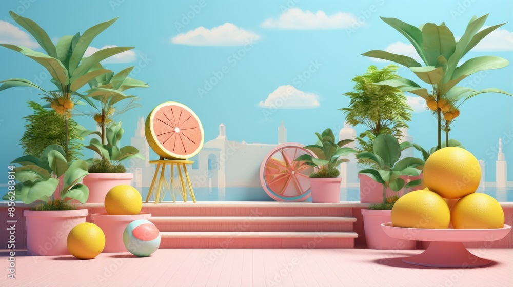 Poster this is a 3d rendering of a surreal landscape. the scene consists of a pink and blue platform with a