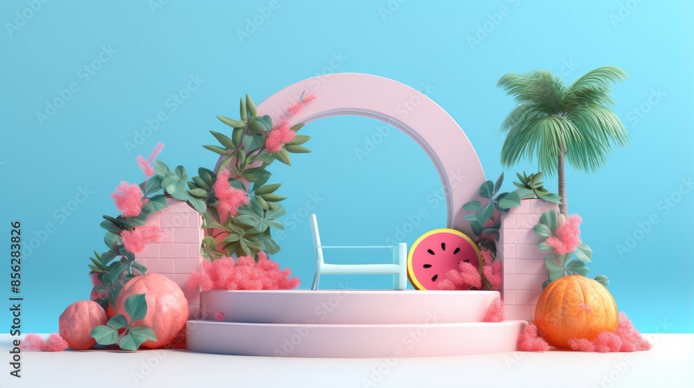 Poster this is a 3d rendering of a pink and blue podium with a pink archway. there is a blue background wit