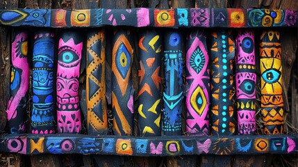 Fototapeta premium Colorful painted wooden sticks with geometric and eye designs