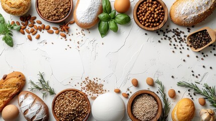 Fresh bread ingredients on a white background