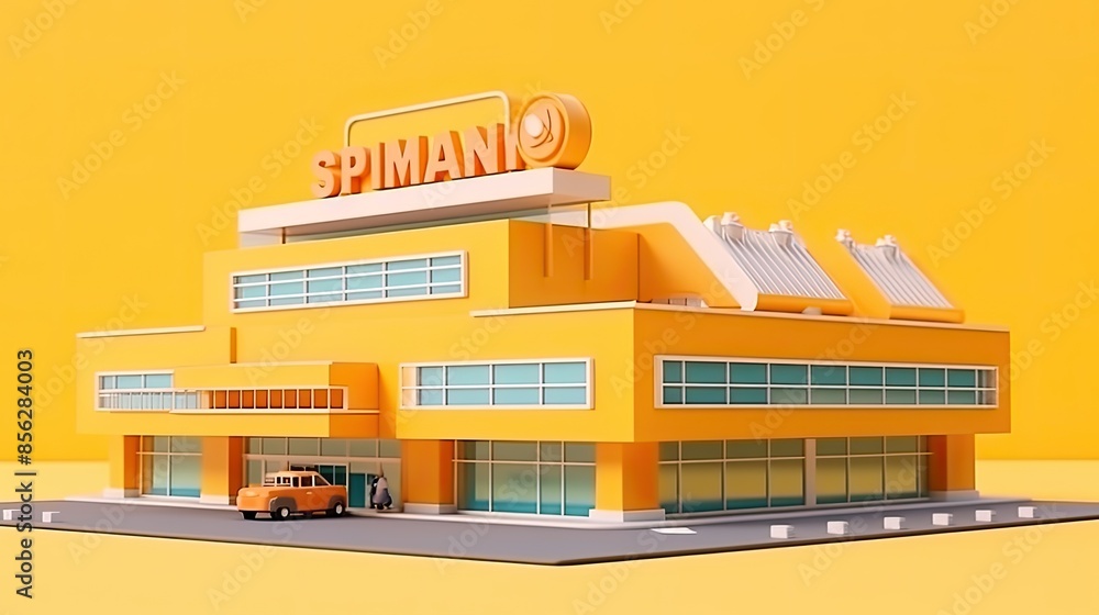 Poster 3d rendering of a small business building with a large sign that says 