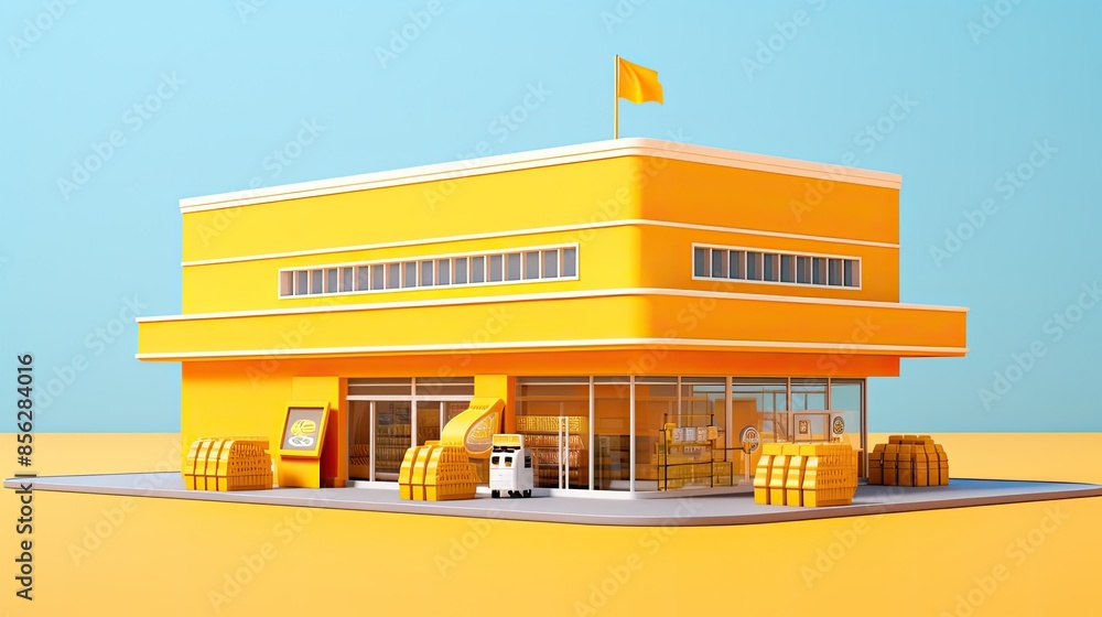 Poster 3d rendering of a small business building with a large window. the exterior of the building is yello