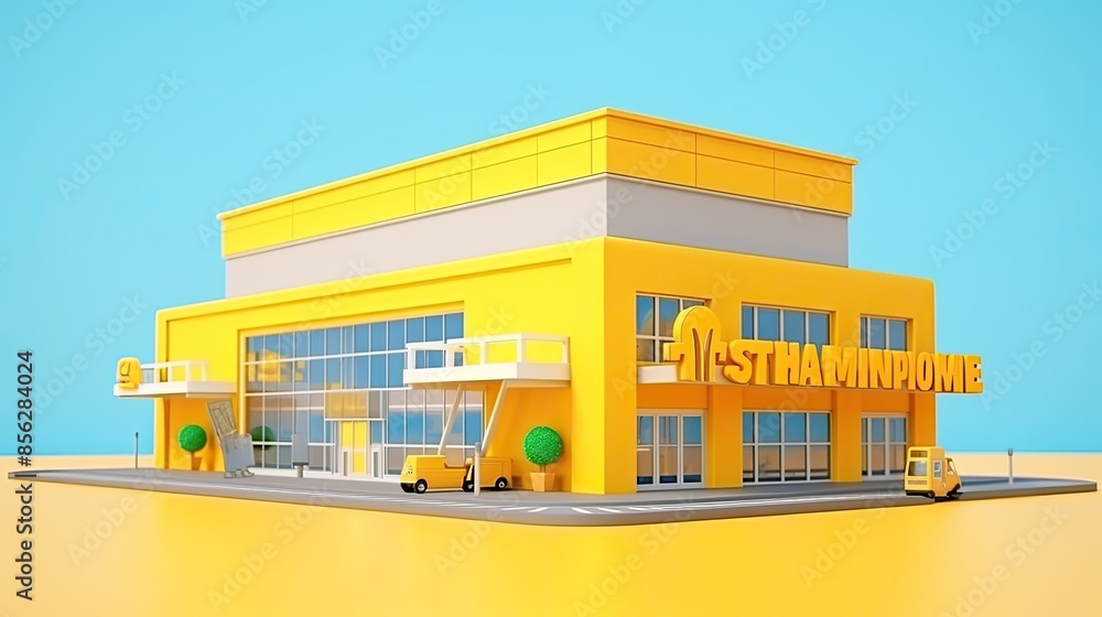 Poster a 3d rendering of a modern yellow commercial building with large glass windows and a tree in front o