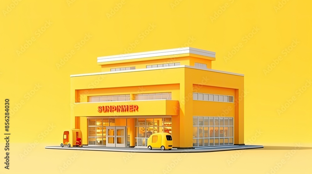 Poster a small business with a yellow exterior. there is a large window on the front of the building and a 