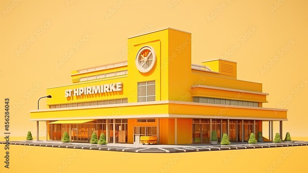 Poster 3d rendering of a generic supermarket. the exterior of the building is yellow and has a large clock 