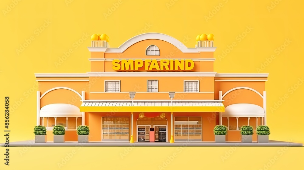 Poster 3d rendering of a small business building with a yellow exterior. the building has a large storefron