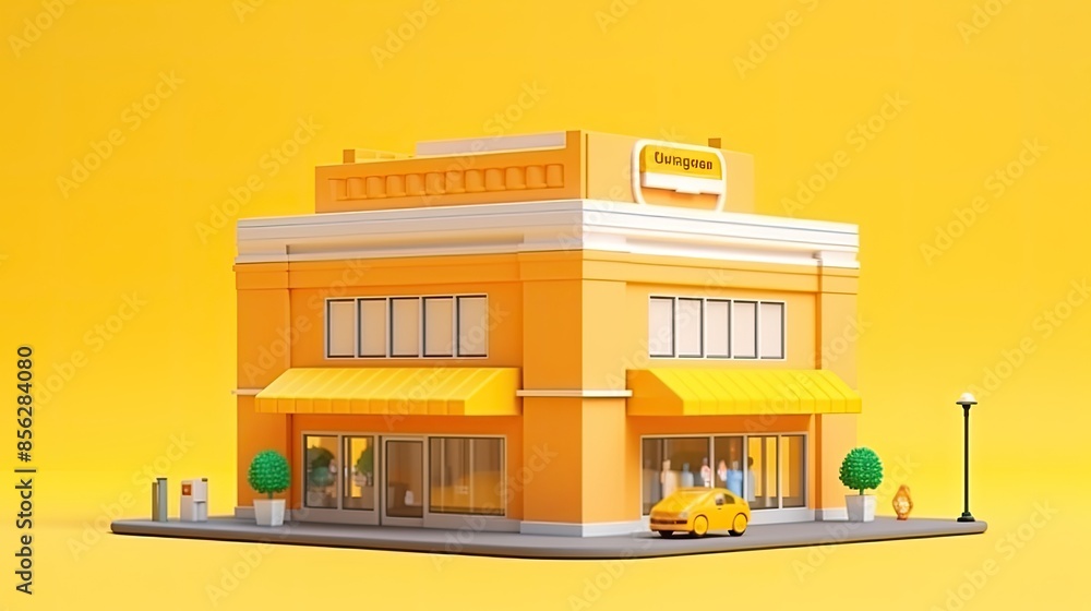 Poster 3d rendering of a small business building with a yellow exterior. there is a car parked in front of 