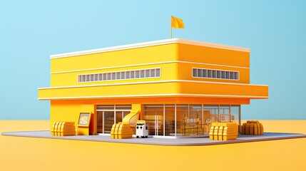 Fototapeta premium 3d rendering of a small business building with a large window. The exterior of the building is yellow and there is a yellow flag on the roof.