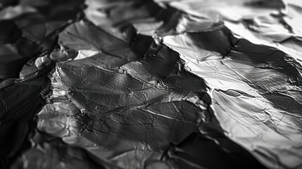 Close-up black and white photograph of crumpled plastic wrap