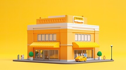 3D rendering of a small business building with a yellow exterior. There is a car parked in front of the building and a tree next to it.