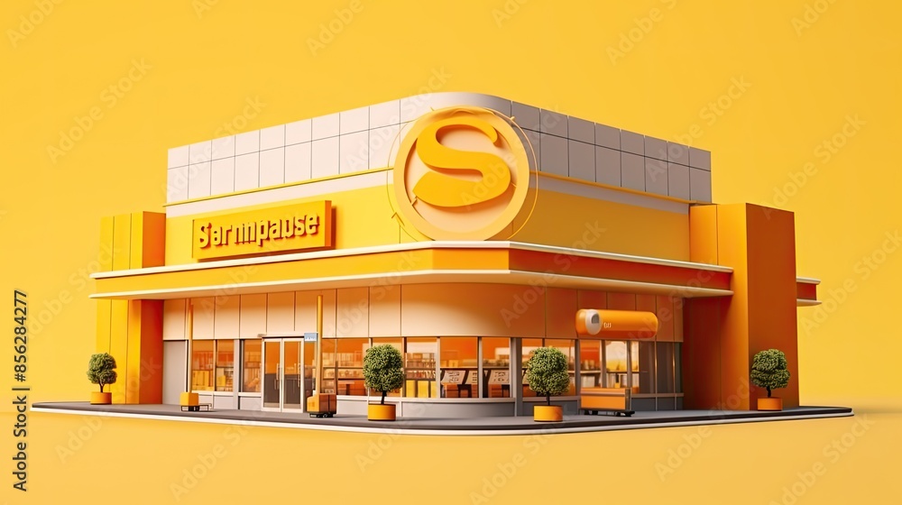 Poster 3d rendering of a small supermarket with a large glass window and a yellow exterior. there is a shop