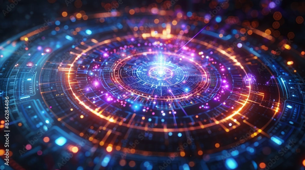 Poster an abstract, digital illustration featuring a circular design with glowing lights and intricate tech