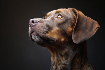 A portrait of a brown dog with its gaze fixed upwards, set against a dark background for contrast