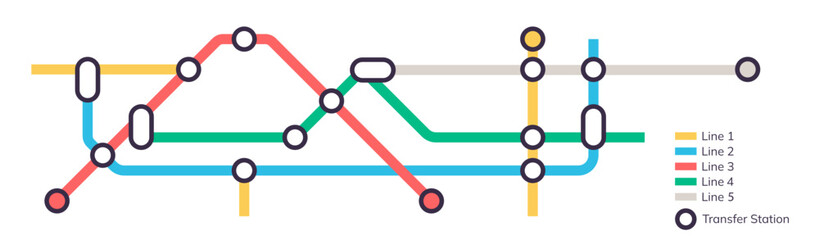 Scheme of metro stations and plan of subway with colorful lines, fictional metro map of underground, layout of public passenger transport routes, subway train tracks plan flat vector illustration.
