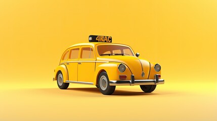 A yellow retro taxi cab isolated on yellow background. The car has a vintage design and a sign on...