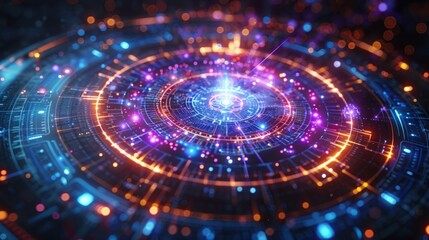 An abstract, digital illustration featuring a circular design with glowing lights and intricate technological patterns.