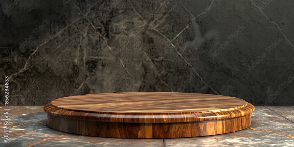 Poster a wooden round table with a grey wall in the background. the table is empty and has a wooden surface