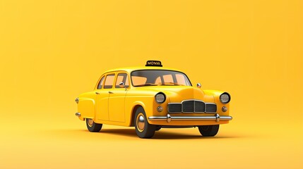 A yellow retro taxi cab isolated on a yellow background. The car is in the foreground and is facing...