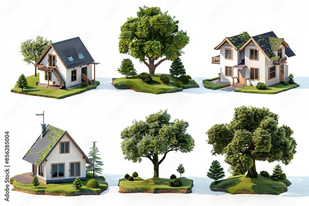 Poster a set of six houses with trees in front of them. the houses are all different sizes and styles, but 