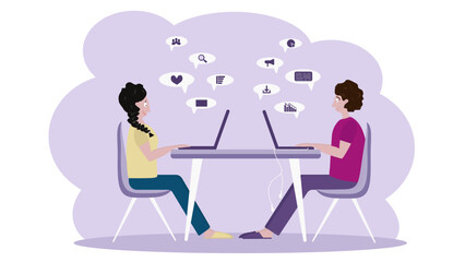 A man and a girl work at home online at a computer.  Stay home, distant work.  Side view, flat style. Concept - remote work, online work, freelancing.