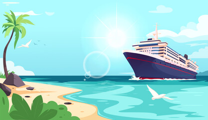 A cruise ship sailing near a tropical beach with palm trees and seagulls, in a bright and colorful illustration. Concept of vacation and travel. Vector illustration © GN.STUDIO