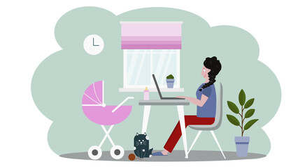 A young girl, mom works at home at the computer. Side view, flat was stable. Concept - remote work, work online, remote work, work outside the office, work from home, freelancing.