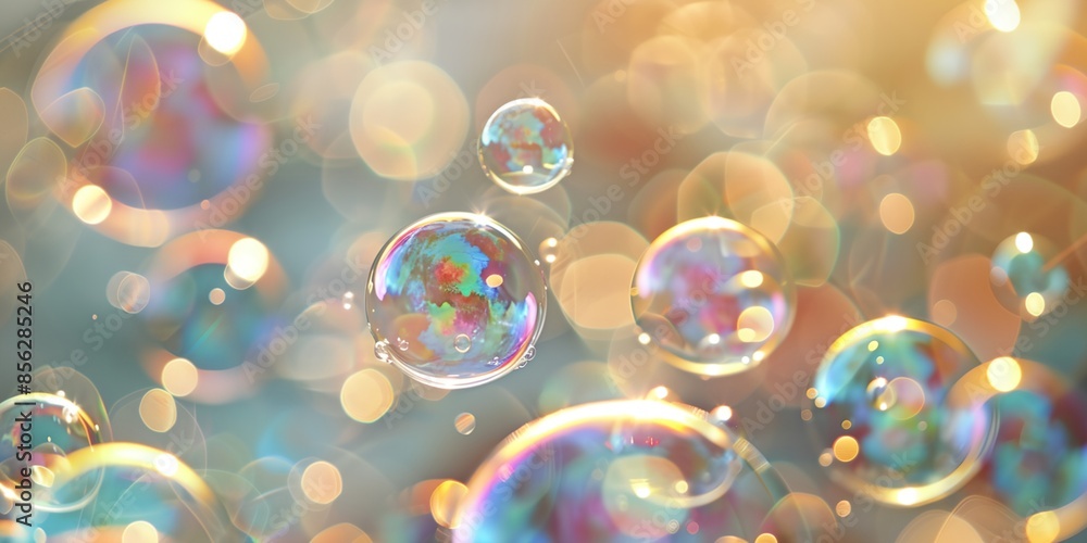 Poster a colorful image of bubbles with a yellow background. the bubbles are of different sizes and colors,