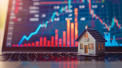 Rising Real Estate Miniature House Model on Laptop Keyboard with Upward Arrow Graph Financial Success and Investment Opportunities in HighDefinition Detail