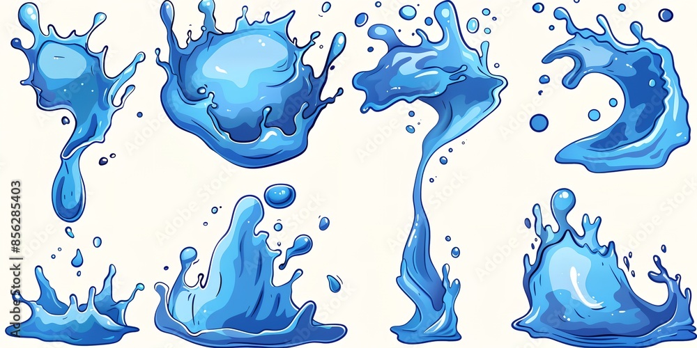 Poster a series of blue water splashes with one of them being a heart. the splashes are all different sizes
