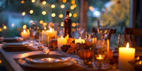 Obraz premium A table with a white tablecloth and a variety of food and drinks, including wine glasses and orange slices. The table is set for a festive occasion, with candles and pumpkins adding to the warm
