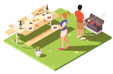 People having a BBQ picnic with a grill and a picnic table on a lawn. Isometric art style. Outdoor setting. Concept of summer outdoor meal. Vector illustration