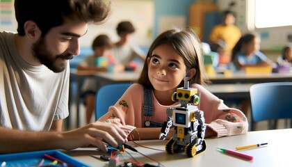 Fototapeta premium Young Girl Learning Robotics in Class: Future Innovator
